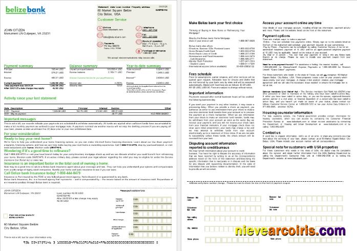USA Belize Bank mortgage statement, 2 pages